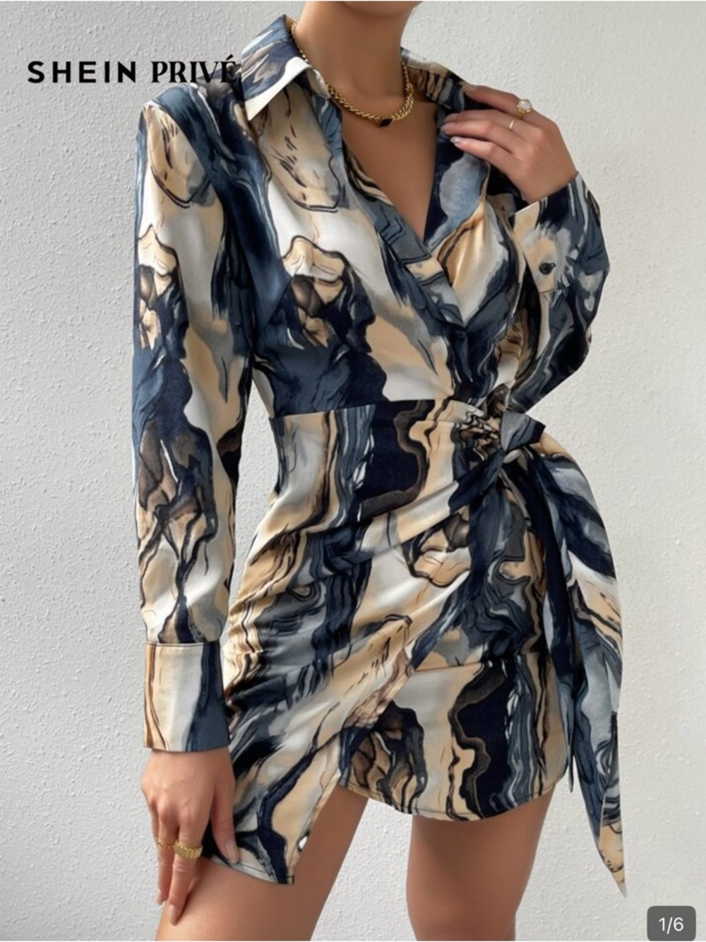 SHEIN Navy and Cream Marble Wrap Shirt Dress
